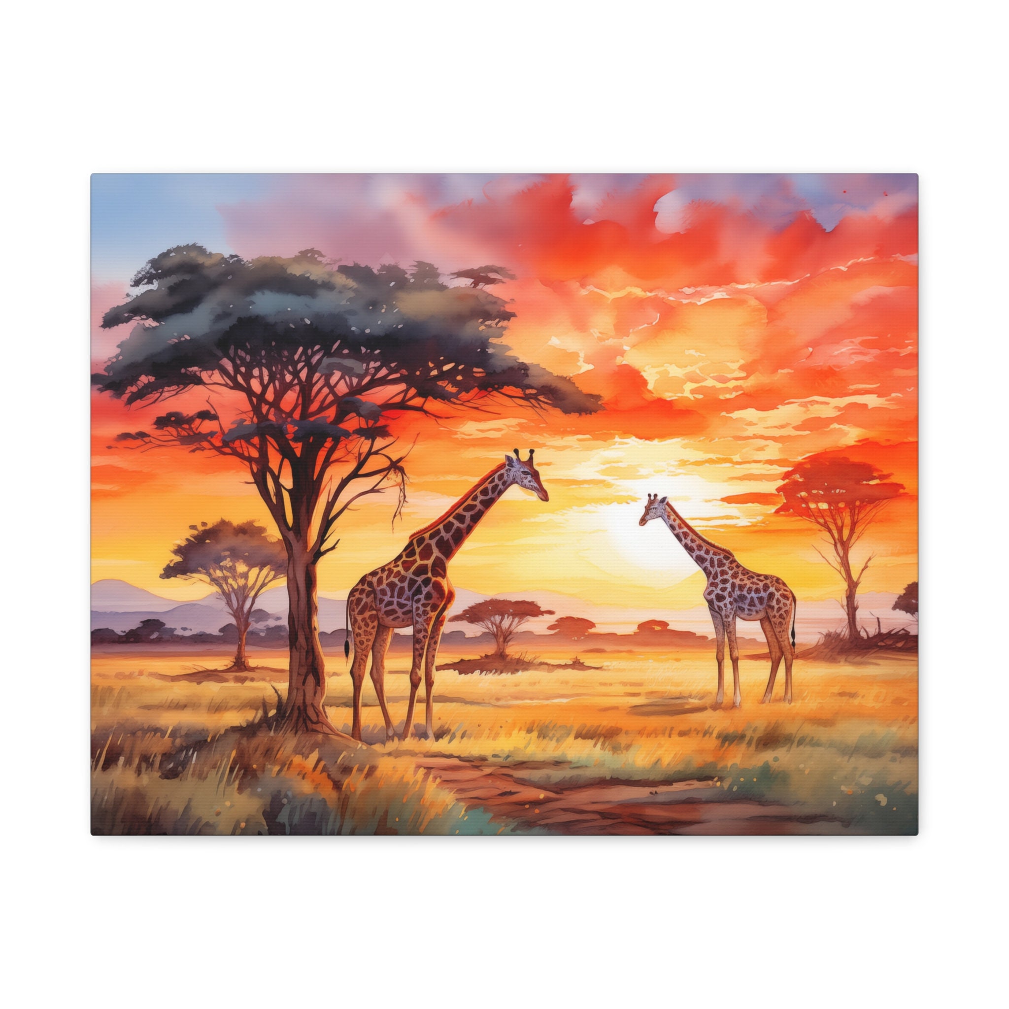 Giraffe Sunset Watercolor Printed on Canvas - Frameless Wall Art