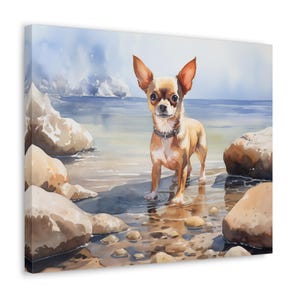 Chihuahua Watercolor Printed Canvas - Frameless Wall Art gift for Chihuahua owner, Chihuahua exploring a rock pool in Summer