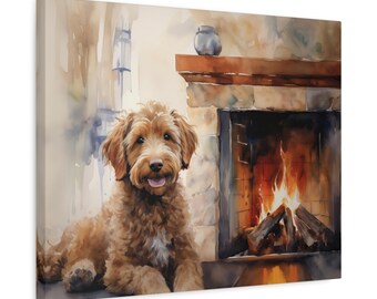 Labradoodle and Fireplace Canvas Print - Cozy Winter Holiday Wall Art