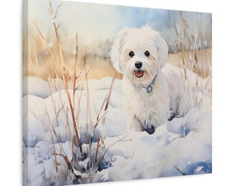 Maltese Dog in Snow Canvas Print - Winter Pet Portrait Wall Art