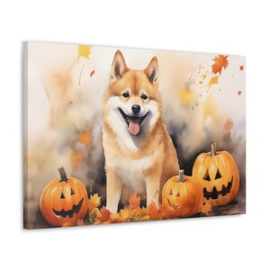 Shiba Inu Watercolor Canvas Print - Wall Art gift for Shiba Inu owner - Shiba Inu sitting among Jack-o&#39;-lanterns