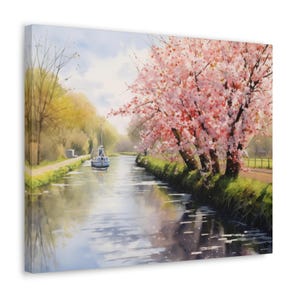 15-04 Impression aquarelle sur toile - cadeau pour le propriétaire de grand bateau, représente les fleurs printanières le long du canal Kennet & Avon dans le Wiltshire