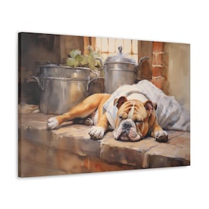 Bulldogge Aquarell Leinwanddruck - Kunst Geschenk für Bulldogge Besitzer - Bulldogge ruht auf rustikalen Steinen in einer gemütlichen Küche