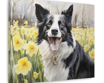 Canvasprint border collie aquarel – Muurkunst lente narcissen