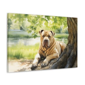 Chinese Shar-Pei Watercolor Printed Canvas - Wall Art gift for Chinese Shar-Pei owner - Chinese Shar-Pei resting under a tree