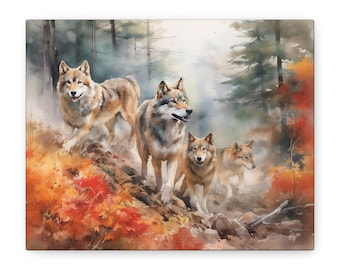 Autumn Wolf Pack Watercolor Canvas - Frameless Wall Art, Vibrant Wildlife Painting Perfect Gift for Nature & Wildlife Lovers
