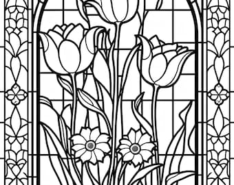花 - ステンドグラスの窓 - ColouringQuest の印刷可能な大人向け塗り絵ページ (大人と子供向けの塗り絵ページ)