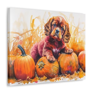 Ruby Cavalier King Charles Spaniel Wall Art - Watercolor Printed on unframed 20 x 16 inch Canvas - Ruby Cavalier Puppy amongst Pumpkins