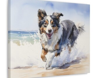 Australian Shepherd Watercolor Canvas Print - Australian Shepherd in surf on a Beach