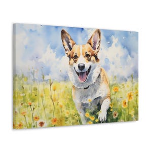 Cardigan Welsh Corgi Watercolor Printed on Canvas - Frameless Wall Art gift for Cardigan Welsh Corgi owner - Cardigan Welsh Corgi in meadow