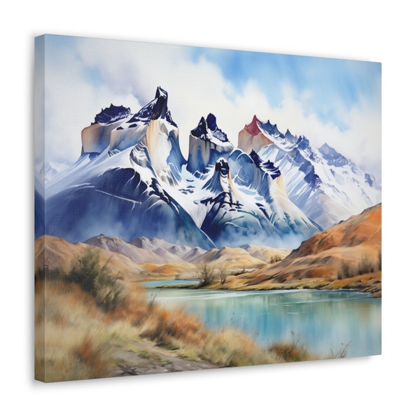 Horns of Paine Massif - Watercolor Printed on Canvas - Frameless Wall Art gift for nature lover - Torres del Paine Chile wallart