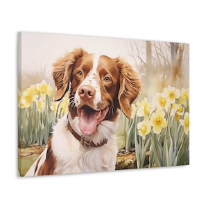 Bretagne-spaniël aquarel canvasafdruk - muurkunst cadeau voor hondenbezitter Bretagne - Bretagne-spaniël omringd door narcissen