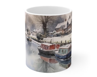 Narrowboat Mug: Winter Canal Scene Watercolor (Ceramic, 11oz)