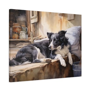 Border Collie Aquarell Druck auf Leinwand - Rahmenloses Geschenk für Border Collie Besitzer - Border Collie schläft in altmodischer Küche