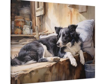 Bordercollie aquarel gedrukt canvas - frameloze muurkunst cadeau voor eigenaar border collie - border collie dommelen in ouderwetse keuken