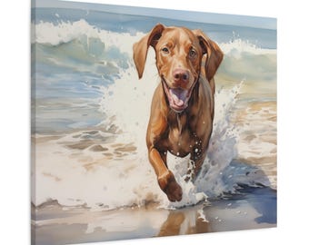 Quadro em aquarela com estampa de Vizsla - Arte de parede sem moldura, presente perfeito para dono de um Vizsla - Vizsla se divertindo na água.