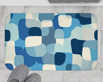 Tapete de Banho Abstrato Azul - Tapete antiderrapante com design moderno de blocos geométricos arredondados.