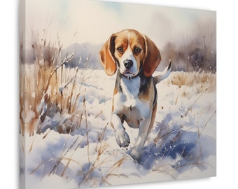 Arte de pared de Beagle - Acuarela impresa en lienzo sin marco de 20 x 16 pulgadas - regalo para el dueño de Beagle - Beagle en un campo helado
