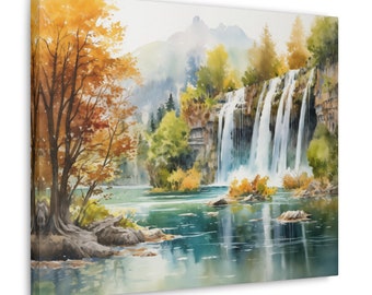 Croatian Lakes Watercolor Printed on Canvas - unframed Wall Art gift for nature lovers, Plitvice Lakes National Park, Croatia