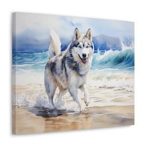Siberian Husky Wall Art - Watercolor Printed on unframed Canvas - gift for Siberian Husky owner - Husky walking in surf at the Beach