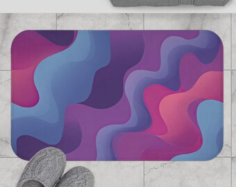 Purple Abstract Bath Mat - Non-slip floor mat featuring vibrant retro wavy psychedelic design