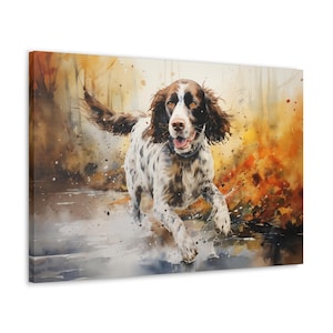 English Spring Spaniel Aquarell Leinwanddruck - Wandkunst Geschenk für Springer Spaniel Besitzer - Spaniel läuft durch eine feuchte Herbstlandschaft