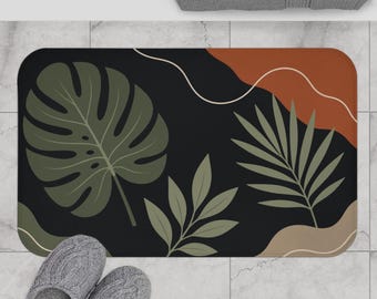Dark Botanical Abstract Bath Mat - Earthy Modern Leaf Design Non-Slip Floor Mat