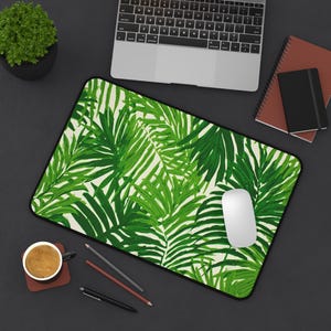 Bold Green Botanical Desk Mat - Palm Leaf Mouse Pad, Non Slip Neoprene Computer Mat, Tropical Statement Workspace Decor