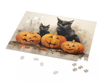Halloween Cats Jigsaw Puzzle (120, 252, 500-Piece) - watercolor of black cat and kitten with three carved jack-o-lanterns - Printed in USA