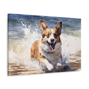 Cardigan Welsh Corgi Watercolor Printed Canvas - Frameless Wall Art gift for Cardigan Welsh Corgi owner - Corgi splashing in waves
