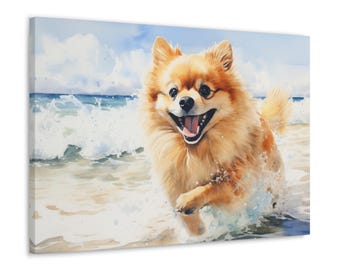 Pomeranian Printed Canvas - Watercolor-style artwork of a dog gleefully dashing through surf