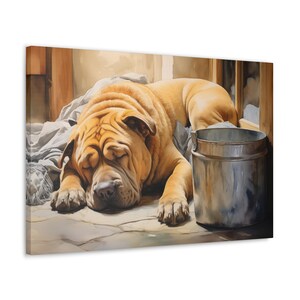 Chinese Shar-Pei Watercolor Canvas Print - Wall Art gift for Chinese Shar-Pei owner - Chinese Shar-Pei resting in a rustic farmhouse
