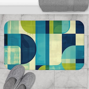 Mid-Century Art Bath Mat - non-slip bath mat featuring bold geometric shapes in teal, navy, lime green, and cream - Printed in USA