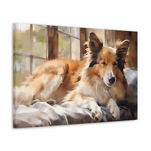 Shetland Sheepdog Watercolor Canvas Print - Wall Art gift for Shetland Sheepdog owner - Sheltie resting in a cozy sunlit spot near a window.