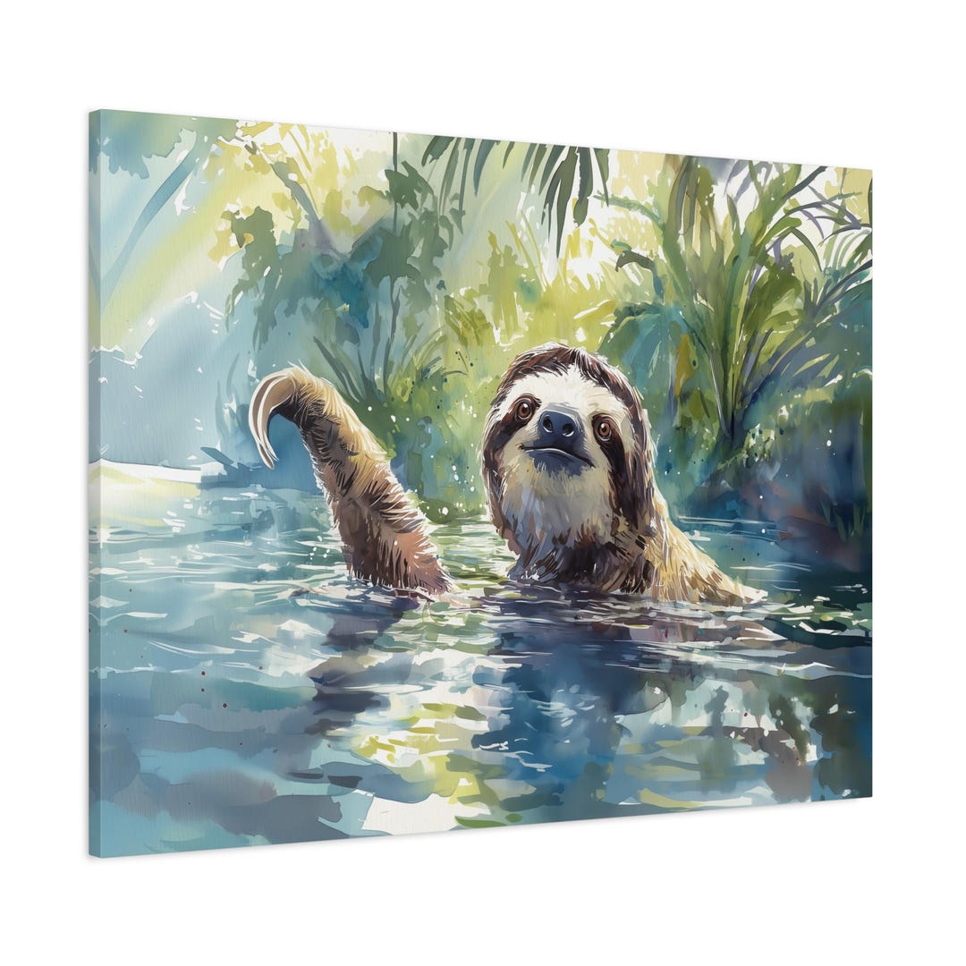 泳ぐナマケモノのキャンバスウォールアート - 水彩ジャングル動物 