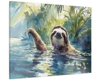 Swimming Sloth Canvas Wall Art - Watercolor Jungle Animal Print -Tropical Rainforest Decor Gift for Sloth Lovers and Nature Enthusiasts