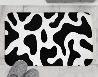 Cow Print Bath Mat - Black and White Bathroom Rug, Trendy Aesthetic Bath Decor