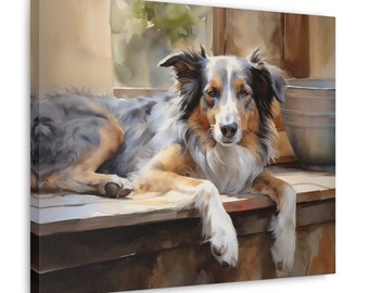 Australian Shepherd Watercolor Canvas Print - Australian Shepherd relaxing in a kitchen