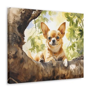 Chihuahua Watercolor Printed Canvas - Frameless Wall Art gift for Chihuahua owner, Chihuahua sitting in dapple shade under a tree