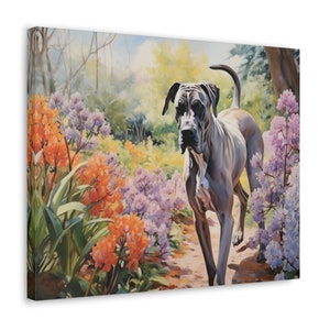 Great Dane Wall Art - Watercolor Printed on unframed Canvas - gift for Great Dane dog owner - Great Dane amidst spring flowers