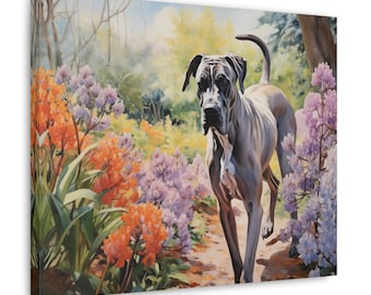 Great Dane Wall Art - Watercolor Printed on unframed Canvas - gift for Great Dane dog owner - Great Dane amidst spring flowers