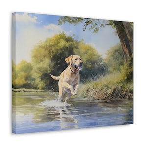 Labrador Watercolor Printed Canvas - Frameless Wall Art gift for Labrador owner, Labrador playing in a shallow stream in September
