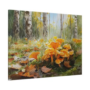 Acuarela de rebozuelos dorados impresa en lienzo: regalo de arte mural para amantes de los hongos, Cantharellus Cibarius creciendo en un bosque de abedules.