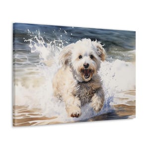 Havanese Watercolor Printed Canvas - Frameless Wall Art gift for Havanese owner - Havanese gleefully dashing through surf.