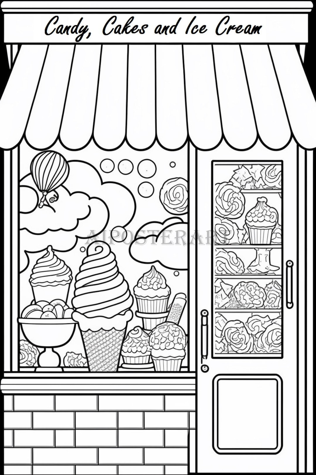 Candy Cakes and Ice Cream Shop Window Coloring Page Printable Coloring