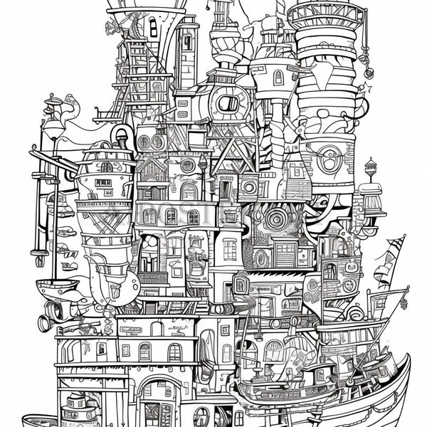 Village Boat - Very Detailed Comical Coloring Sheet for Adults - Printable Coloring Page - Advanced Coloring - High Res 5376x8064 pixels