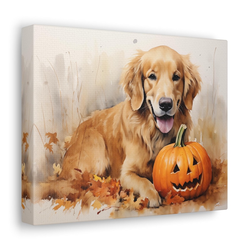 Watercolor Golden Retriever Halloween Canvas Print – Pumpkin Wall Art ...