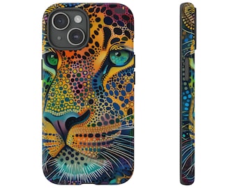 May include: A colorful phone case with a close-up of a leopard's face. The leopard's fur is a mix of yellow, orange, blue, and green.