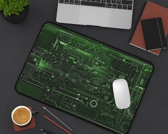 Tech Circuit Desk Mat - intricate circuit board patterns illuminated in vibrant greens - ideal for gamers, coders and techies