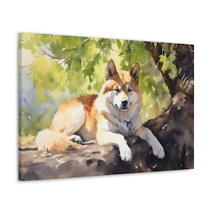 Akita Watercolor Canvas Print - Wall Art gift for Akita owner - Akita resting comfortably beneath a lush tree